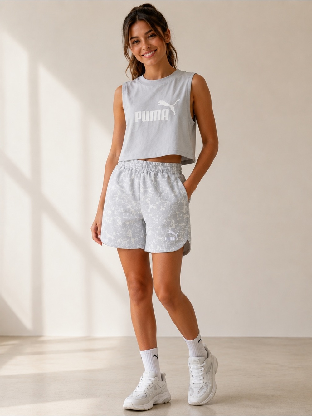 Puma set Light Gray Athletic Shorts with Subtle Print and matching shirt